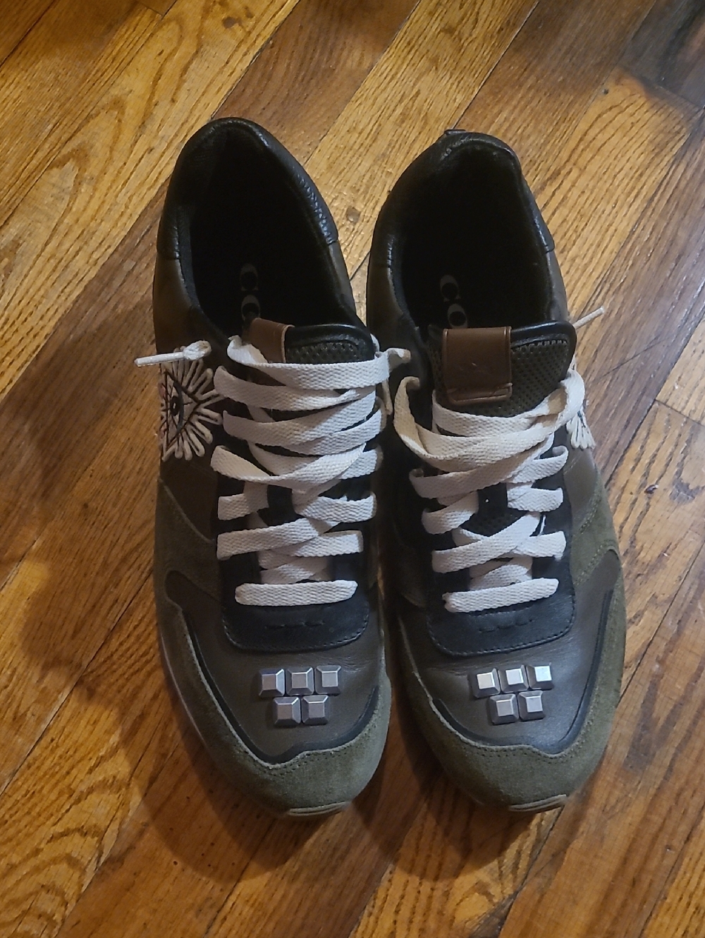 COACH Men's Olive Green and Black Leather-Trim Sneakers with White Laces